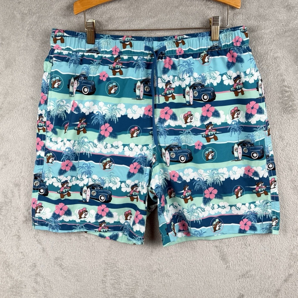 Buc-ee's Swim Trunks Mens‎ XL Beaver Surfer Hawaiian Blue Pink Shorts Lined